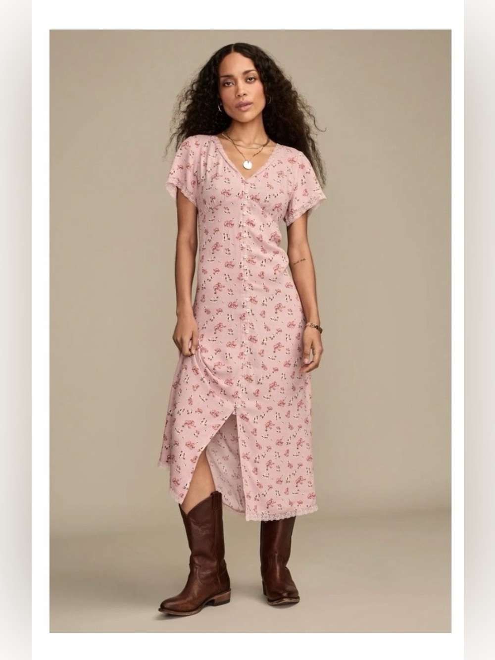 Lucky Brand Pink Floral Button‎ Front Midi Dress XXL Cottagecore 90s Grunge